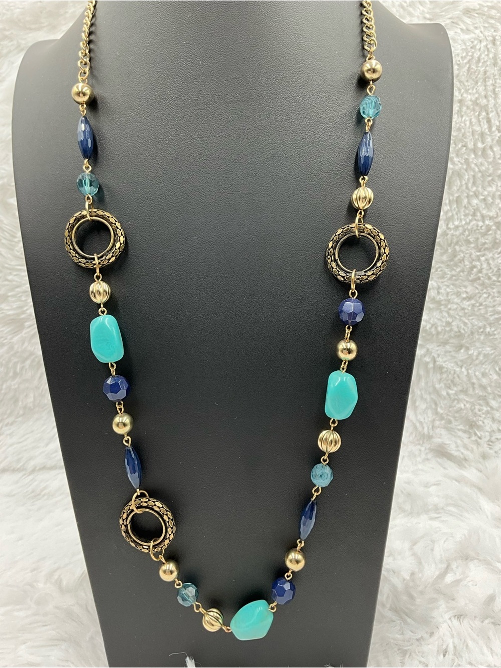 Antique Gold-Tone Long Necklace with Turquoise and Navy Beads
